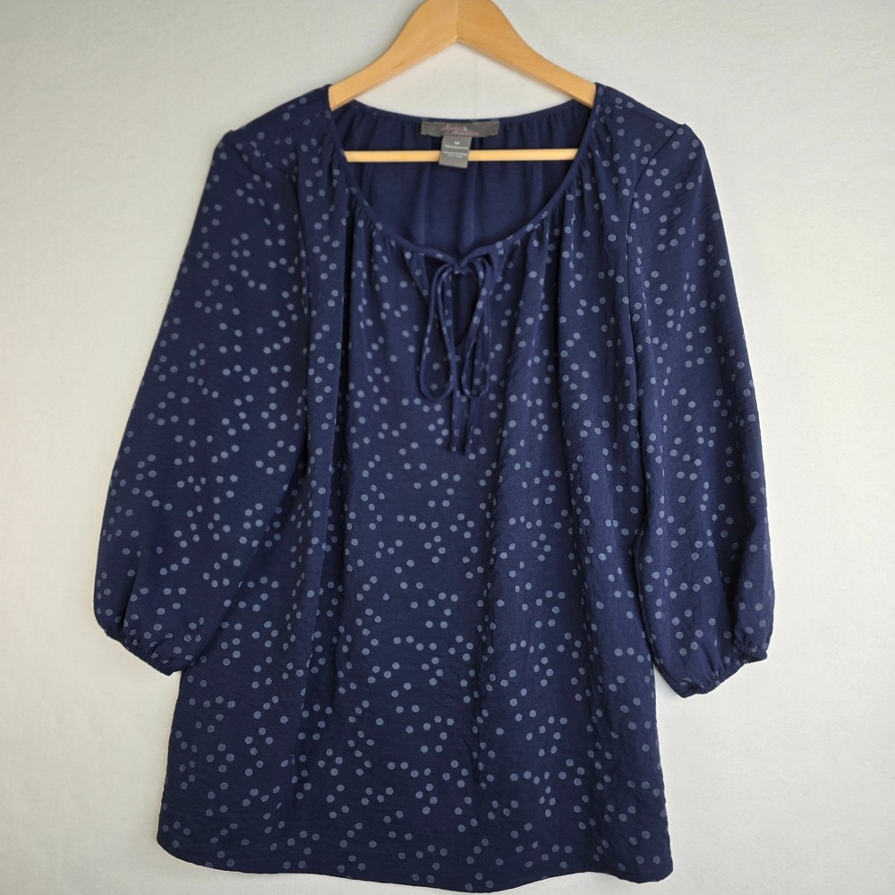 Olivia & Martin Navy Blue Polka Dot Tie Front 3/4 Sleeve Peasant Blouse Size M